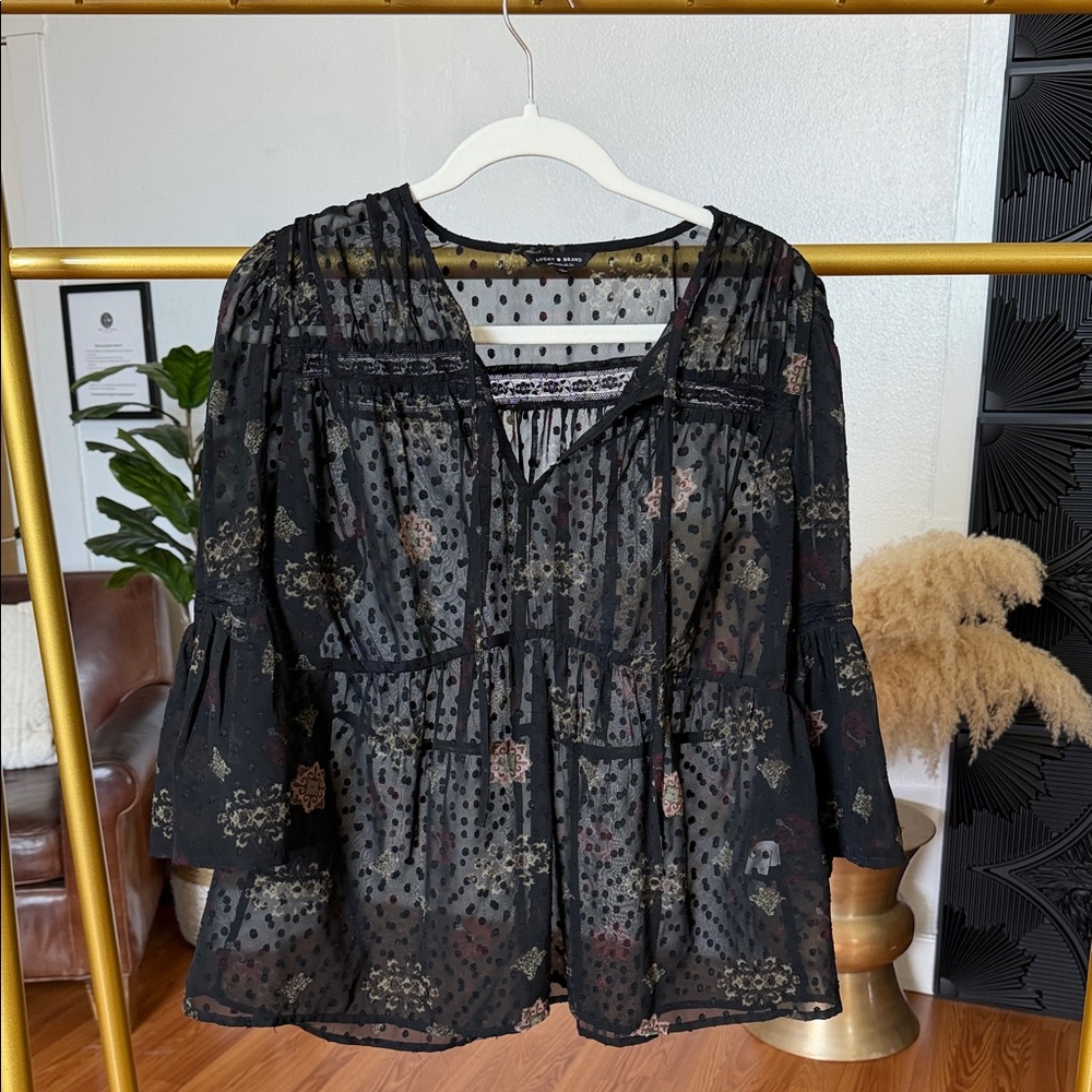 Lucky Brand Black Sheer Boho Blouse with Subtle Floral Motif